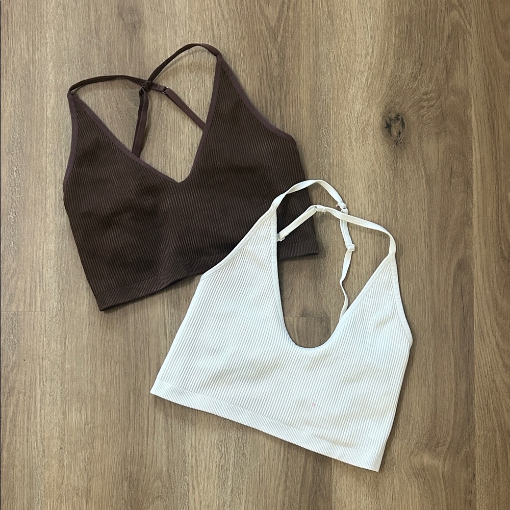 Aerie Ribbed V-Neck Bralette Tops across cross - Brown & ivory white size XS